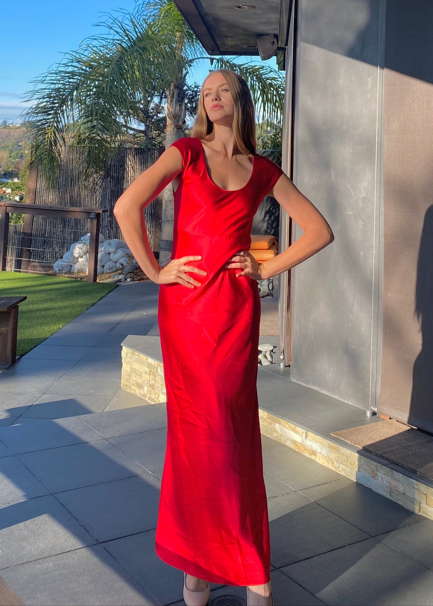 Tanya Scarlet Red U-neck Silk Bias Gown