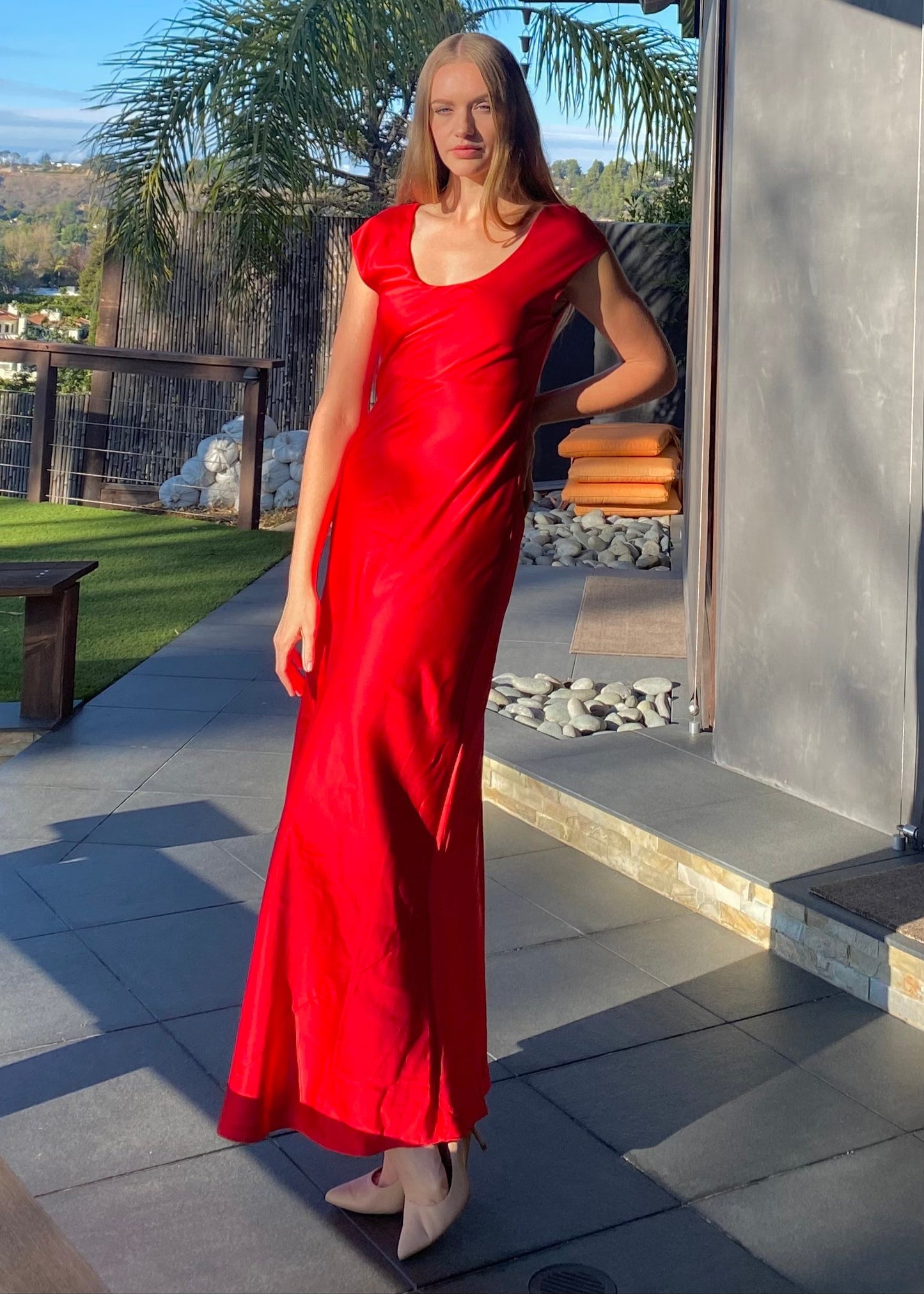 Tanya Scarlet Red U-neck Silk Bias Gown
