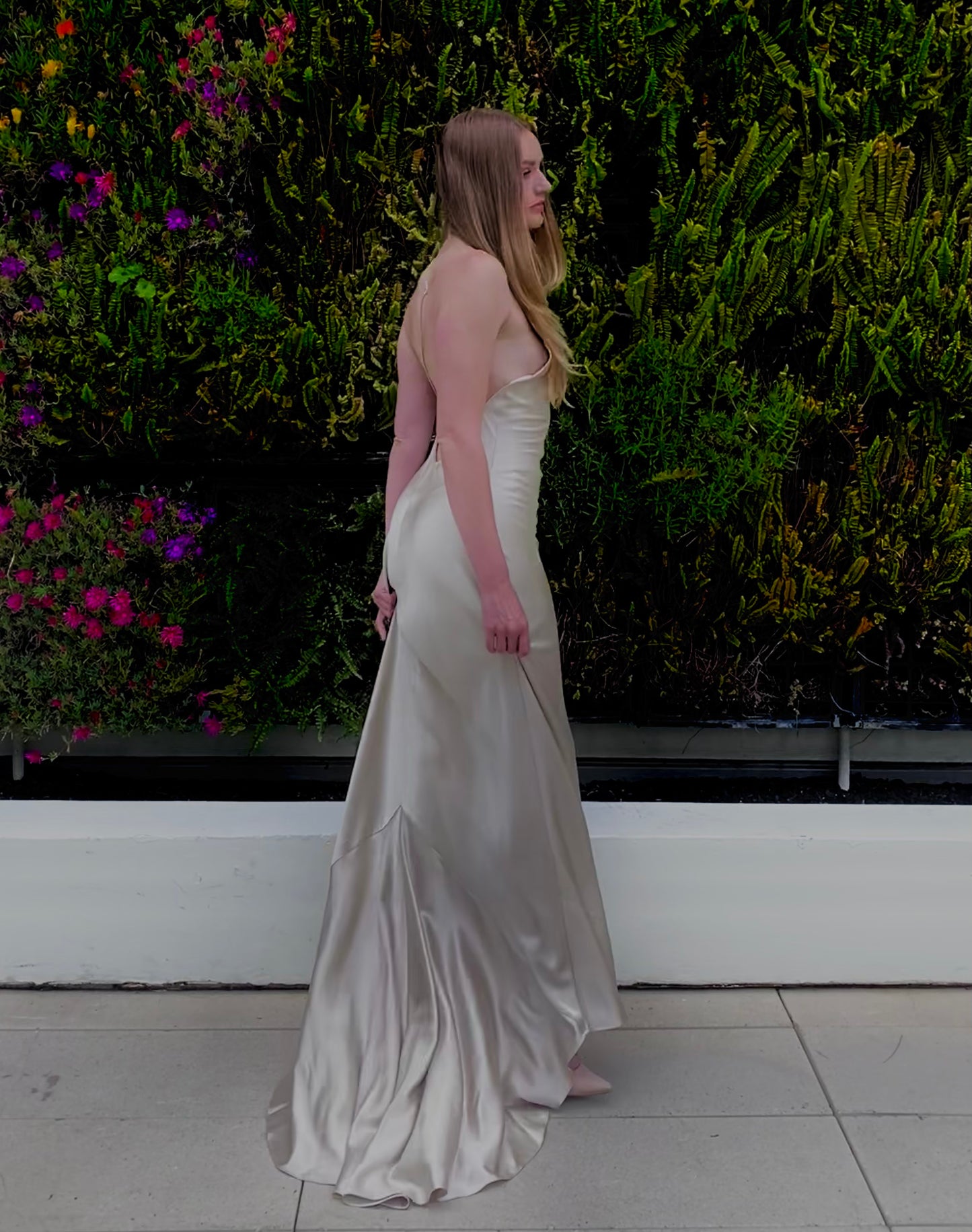 Trumpet Vine Champagne Silver Plunging Neckline Silk Bias Gown