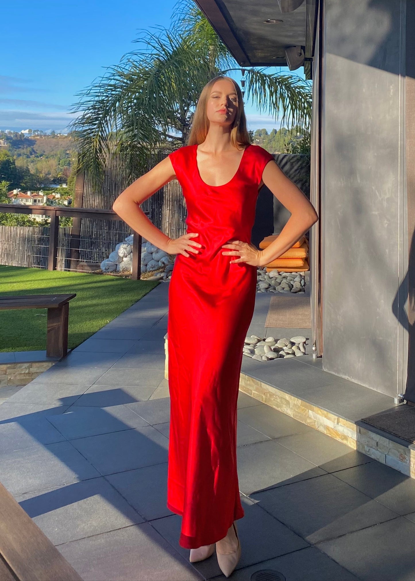 Tanya Scarlet Red U-neck Silk Bias Gown