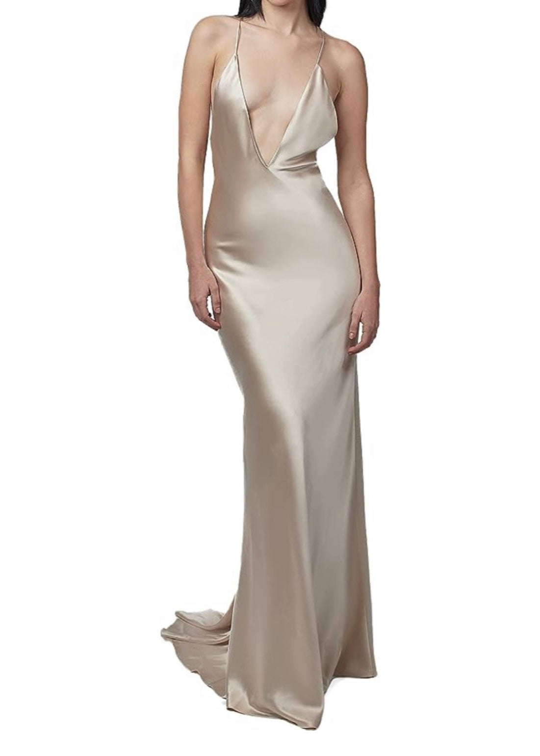 Trumpet Vine Champagne Silver Plunging Neckline Silk Bias Gown