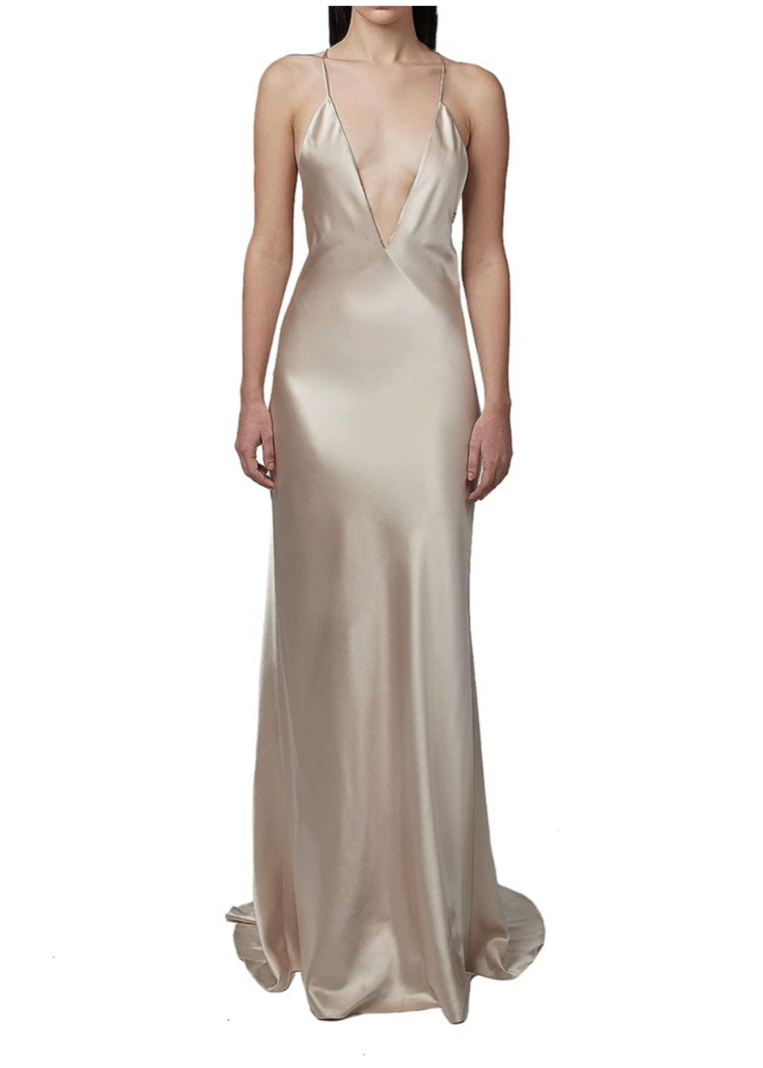 Trumpet Vine Champagne Silver Plunging Neckline Silk Bias Gown