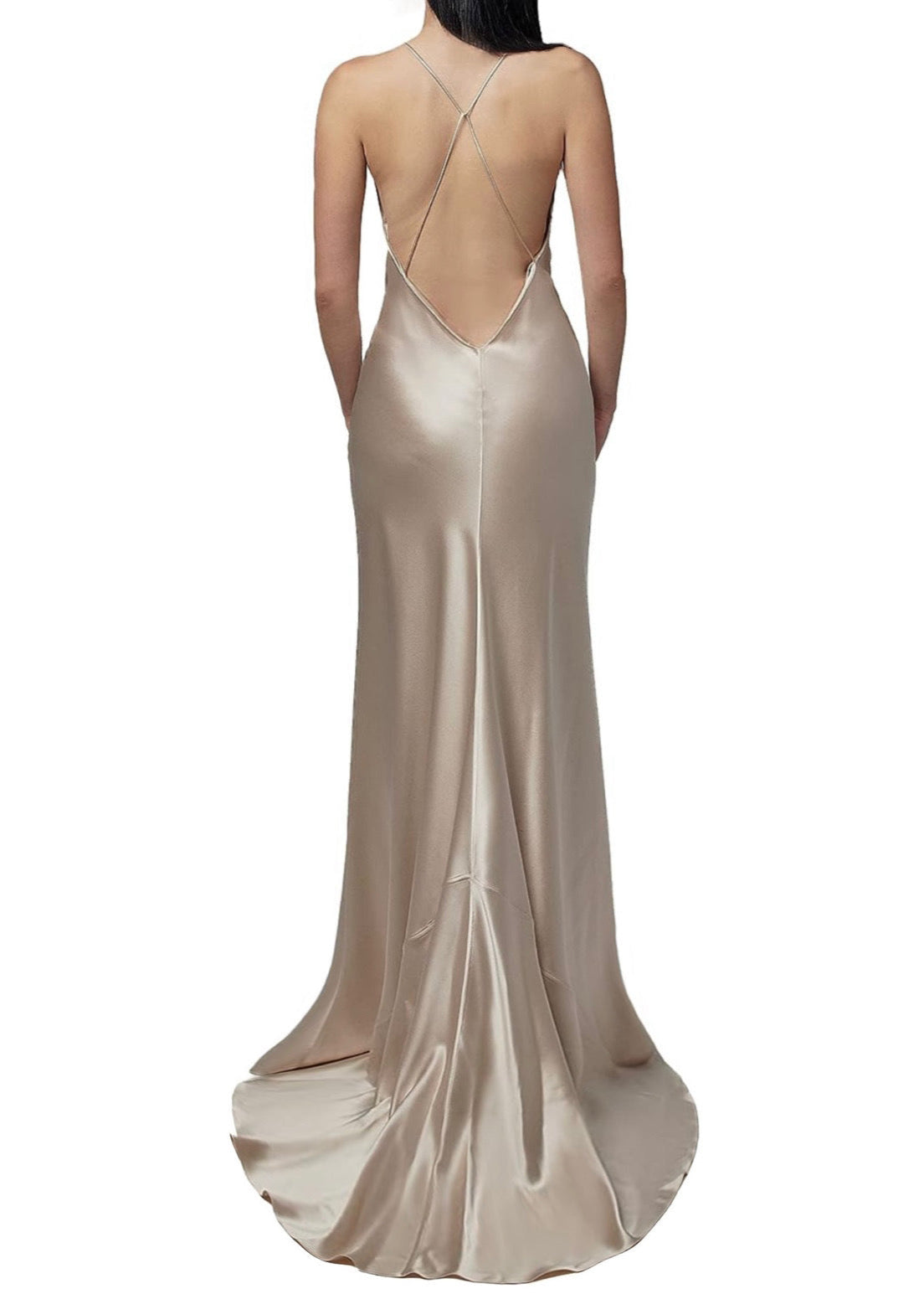 Trumpet Vine Champagne Silver Plunging Neckline Silk Bias Gown