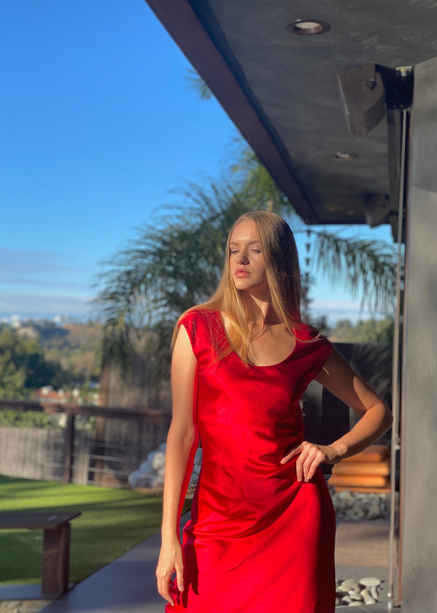 Tanya Scarlet Red U-neck Silk Bias Gown
