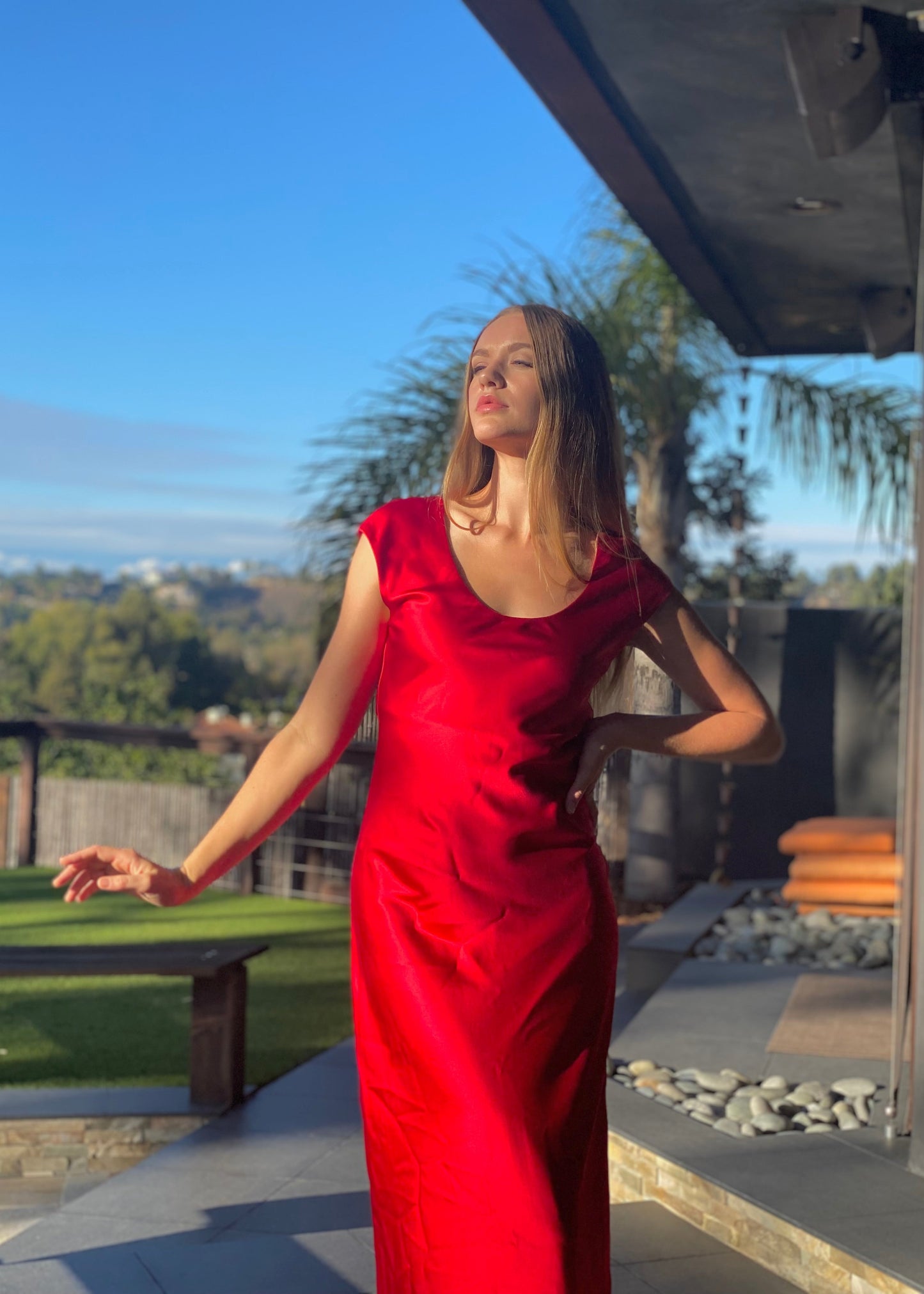 Tanya Scarlet Red U-neck Silk Bias Gown