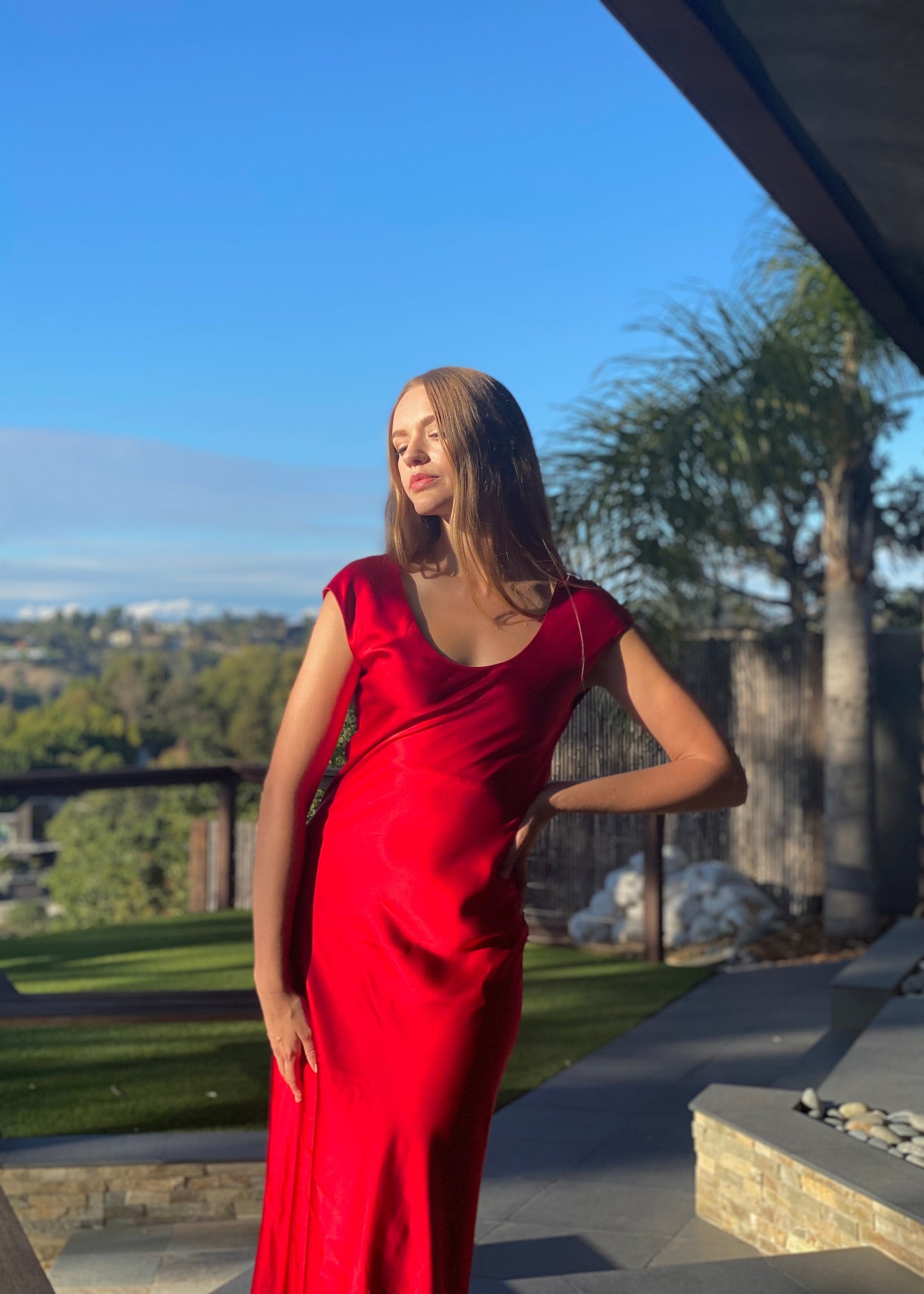 Tanya Scarlet Red U-neck Silk Bias Gown