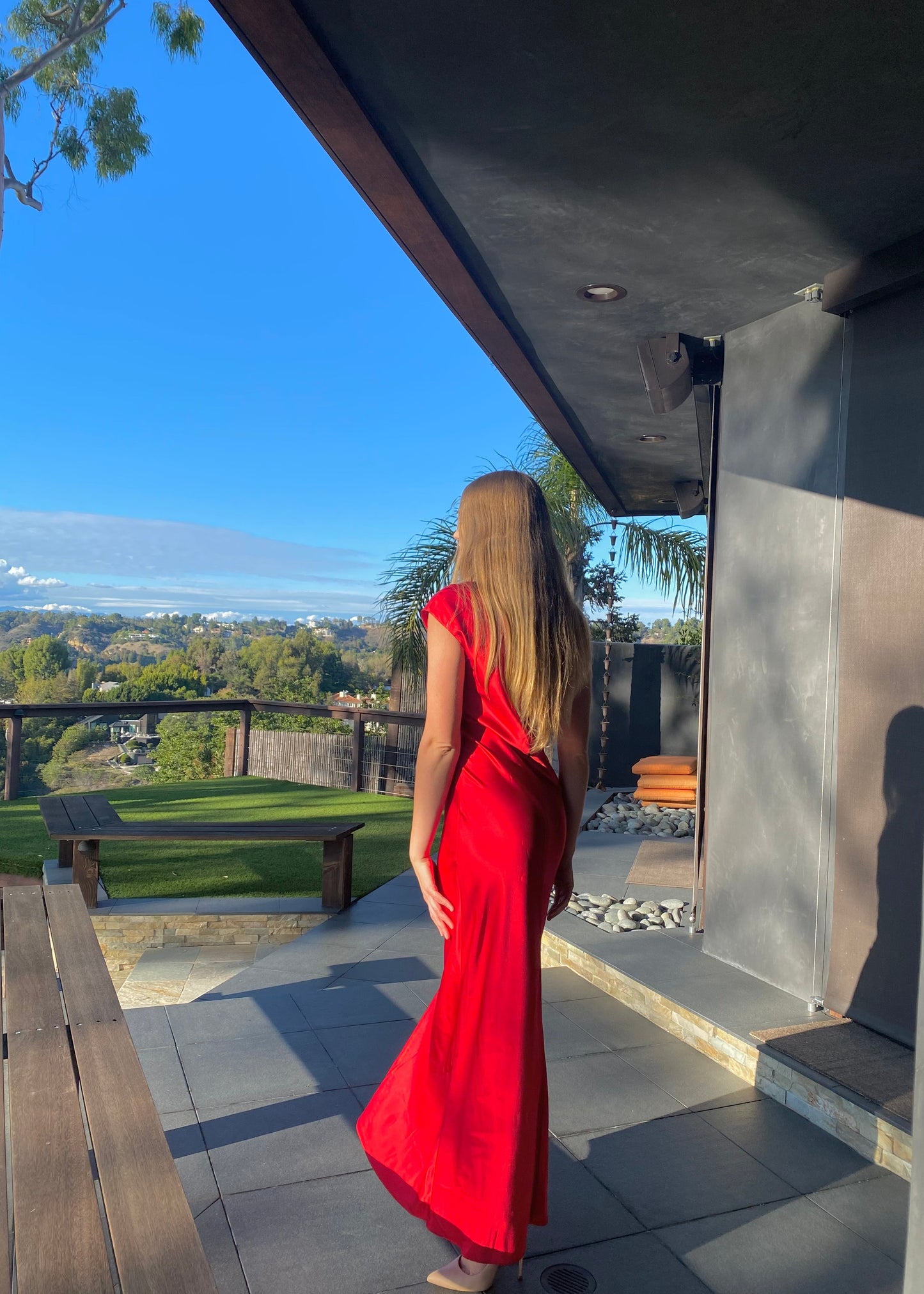 Tanya Scarlet Red U-neck Silk Bias Gown