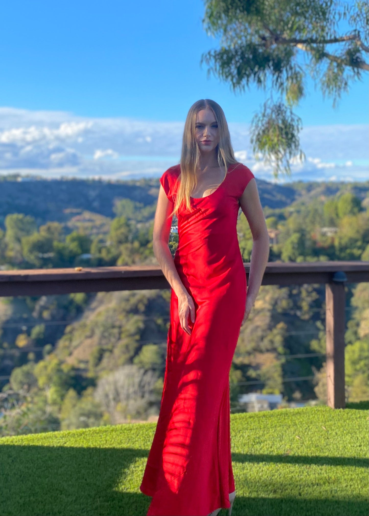Tanya Scarlet Red U-neck Silk Bias Gown