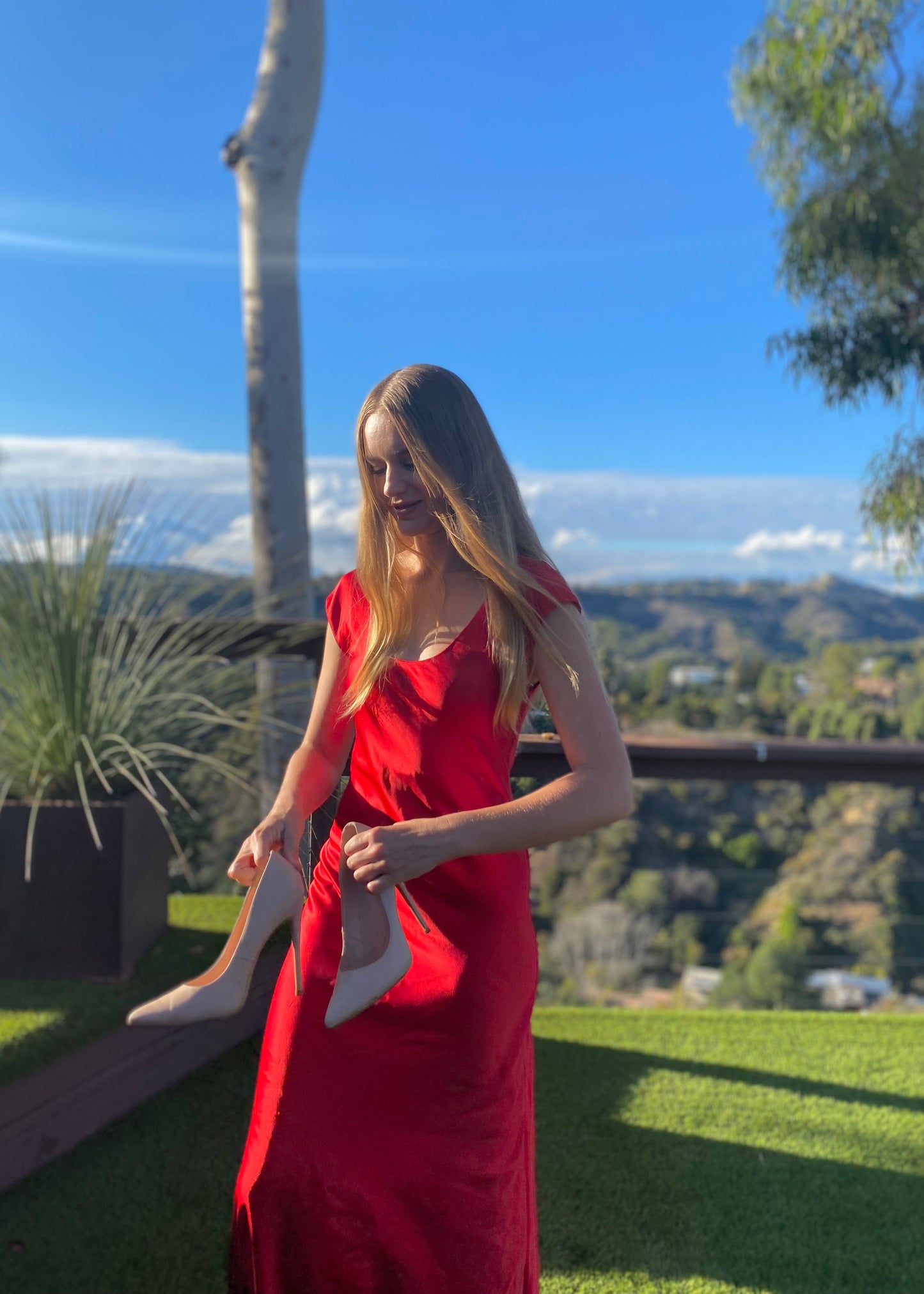 Tanya Scarlet Red U-neck Silk Bias Gown