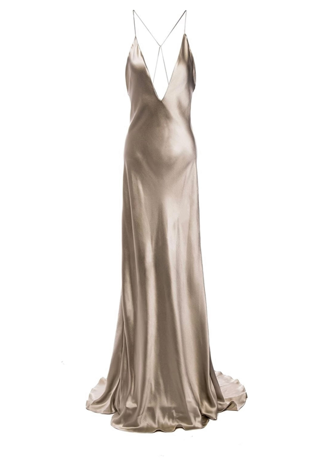Trumpet Vine Champagne Silver Plunging Neckline Silk Bias Gown