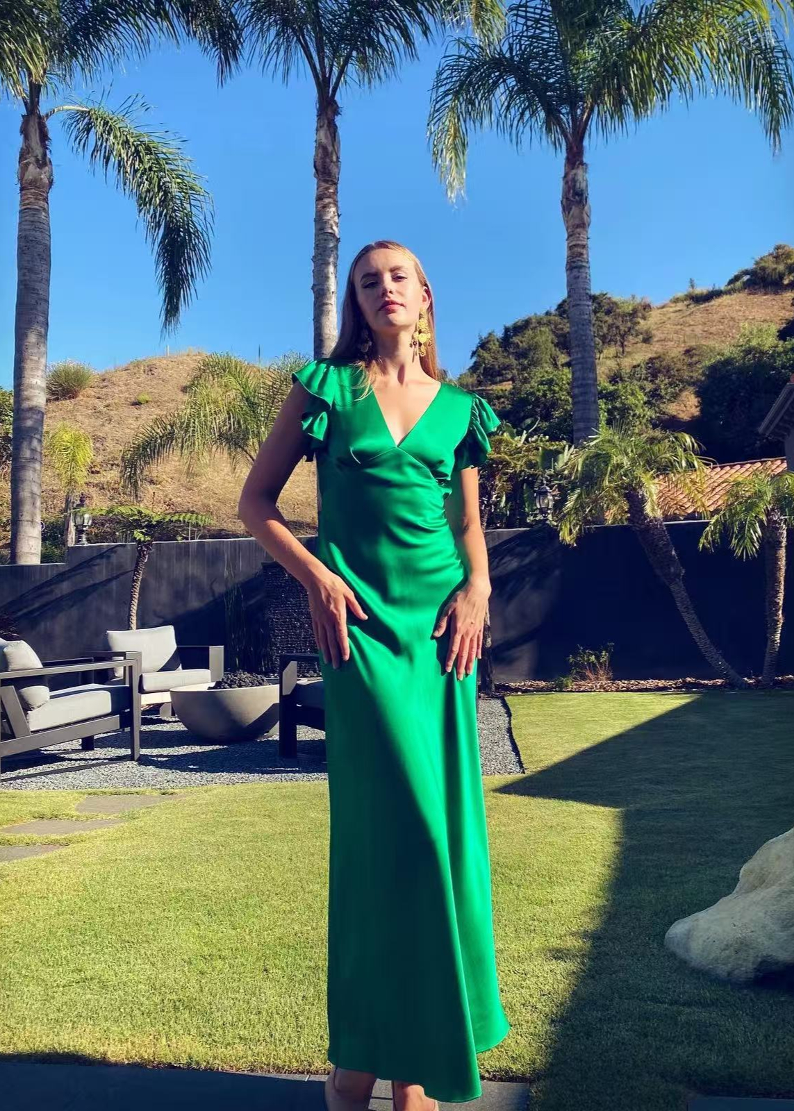 Lissy Emerald Green Ruffled Short Sleeves Silk Bias Gown