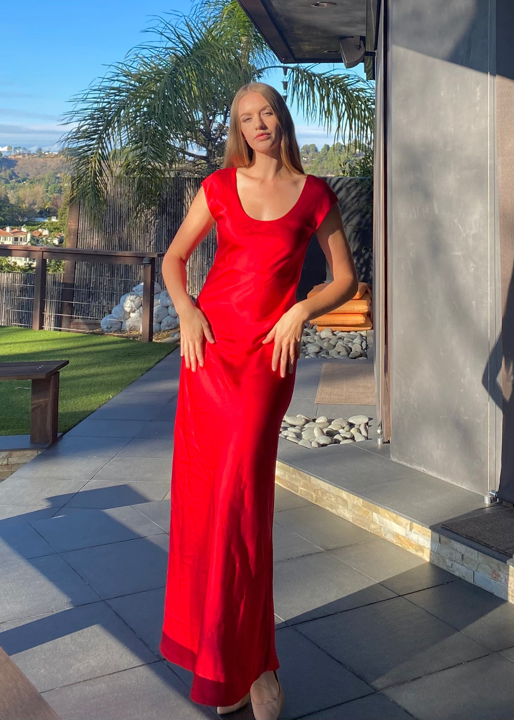 Tanya Scarlet Red U-neck Silk Bias Gown